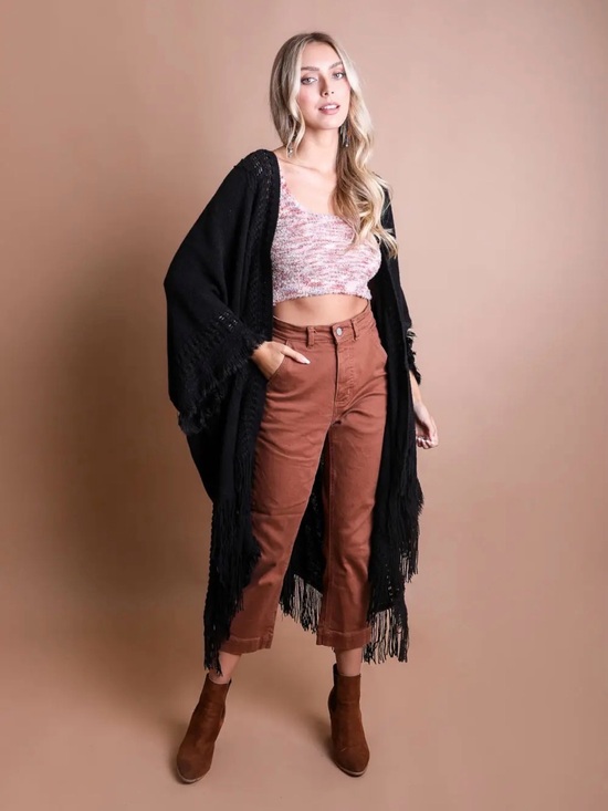 Tops - Black Boho Fringe Ruana